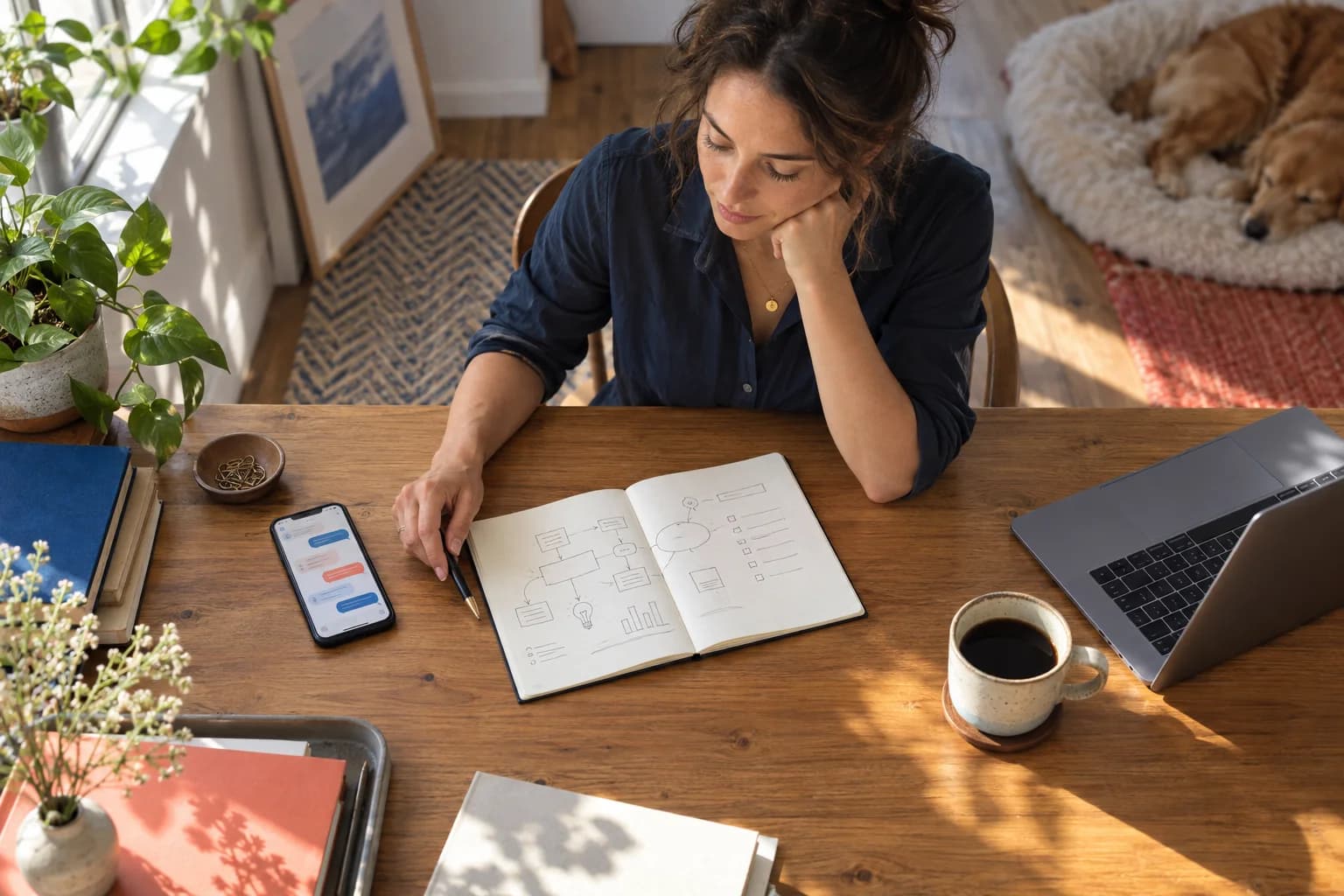 A business owner mapping a workflow in a notebook beside a messaging app and laptop