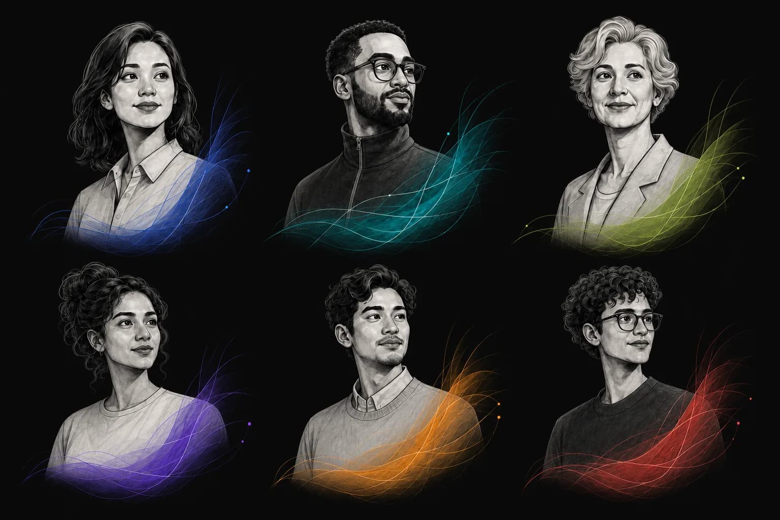 Six illustrated Orchestero AI assistants in consistent portrait framing with individual colorful vellum signals