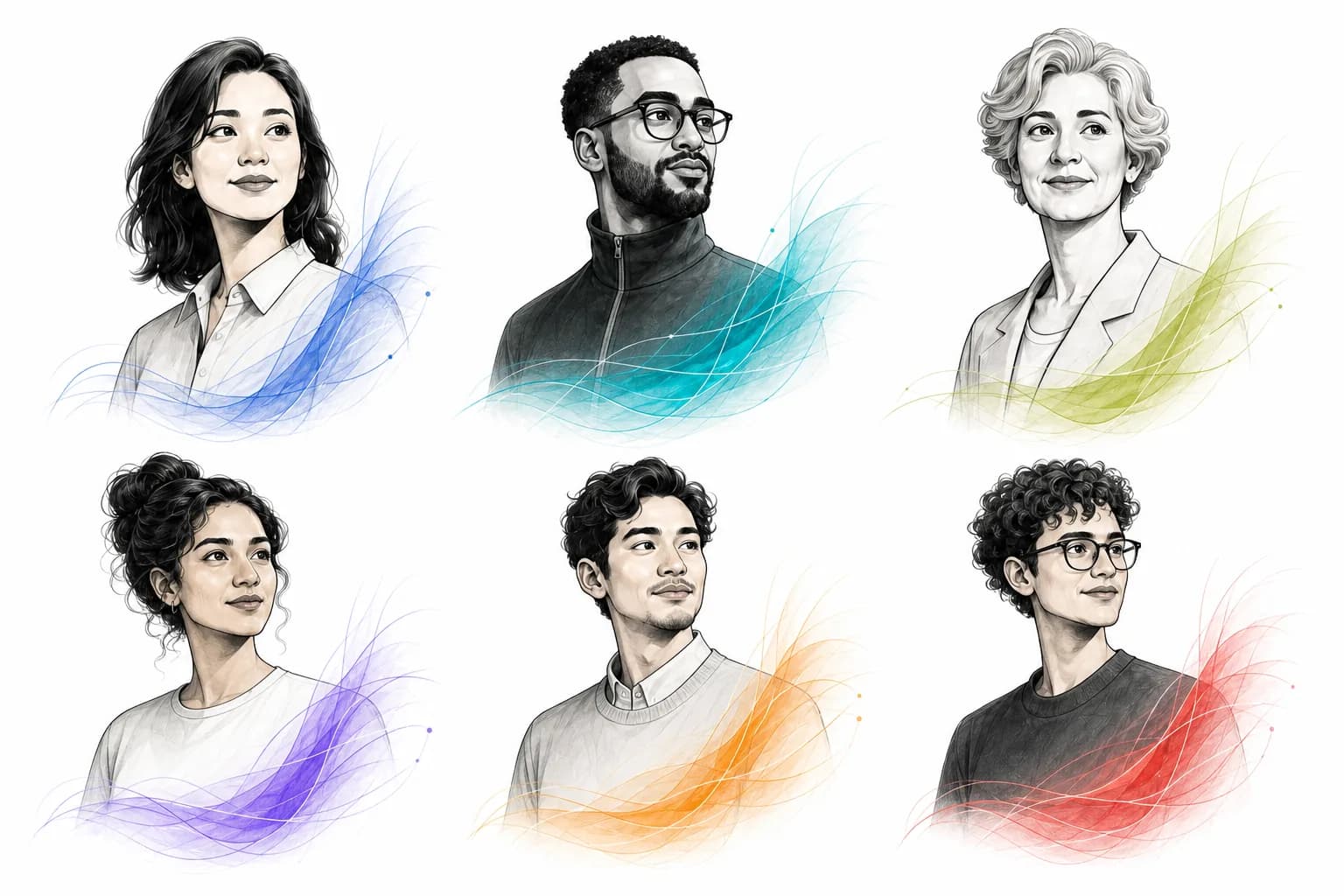 Six illustrated Orchestero AI assistants in consistent portrait framing with individual colorful vellum signals