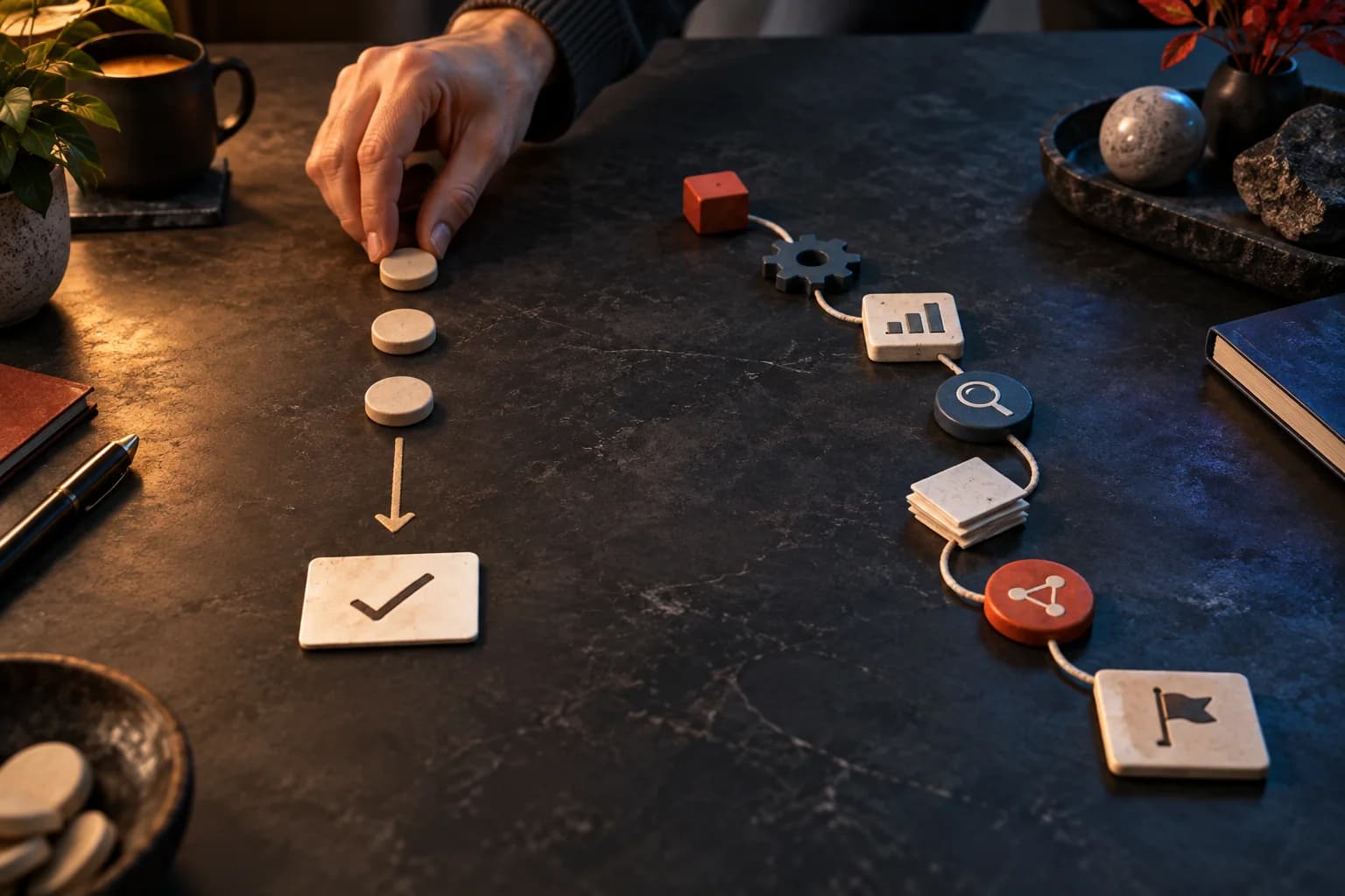 A hand arranging one short reviewed path and one longer multi-step workflow on a dark table