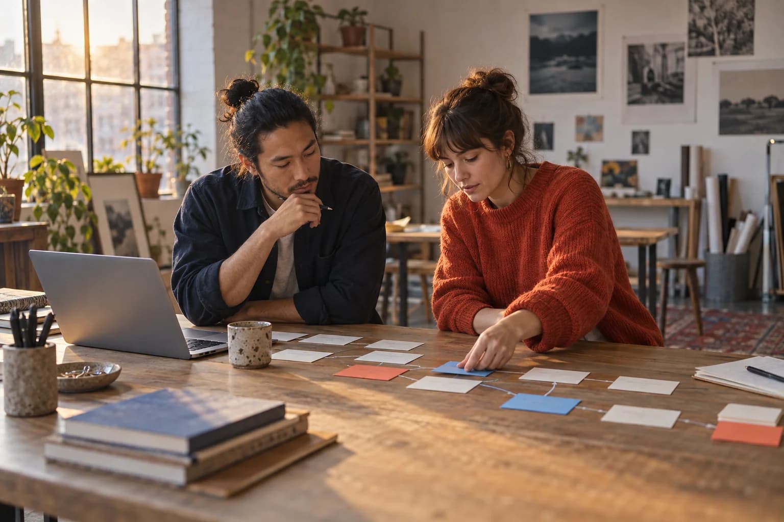 Two small-business operators arranging workflow cards together beside a laptop