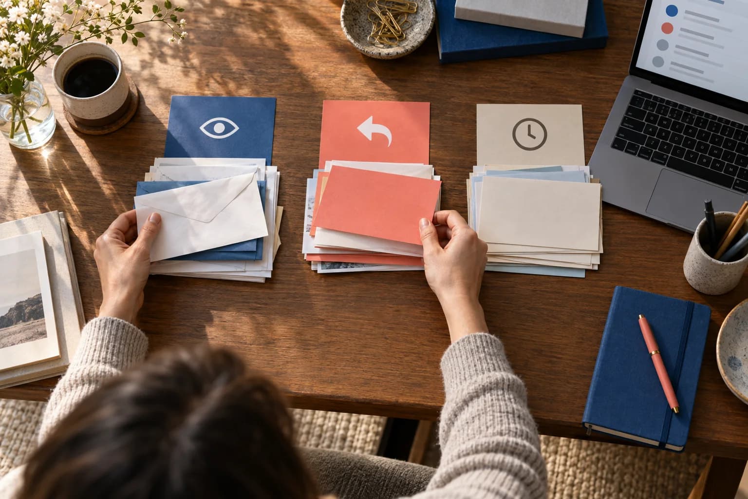 A person sorting correspondence into review, reply, and waiting piles beside a laptop