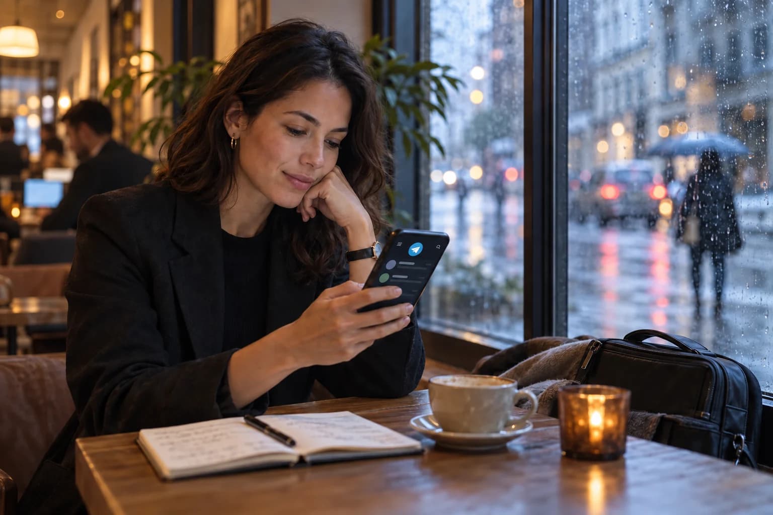 A business owner reviewing a Telegram conversation on a phone beside a notebook in a rainy cafe