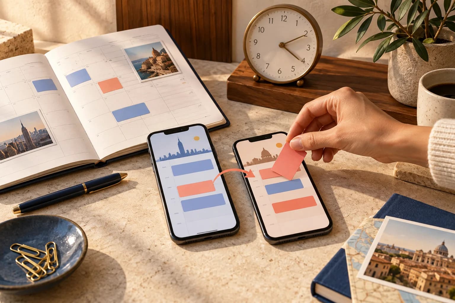 A hand moving an appointment between two calendar phones beside a clock and travel planner