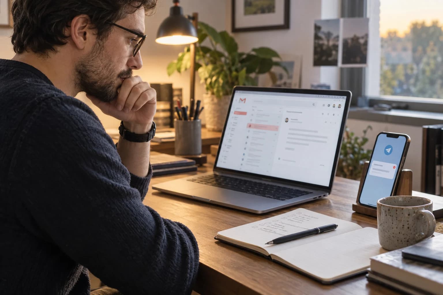 A freelancer reviewing an unanswered Gmail conversation beside a Telegram reminder on his phone