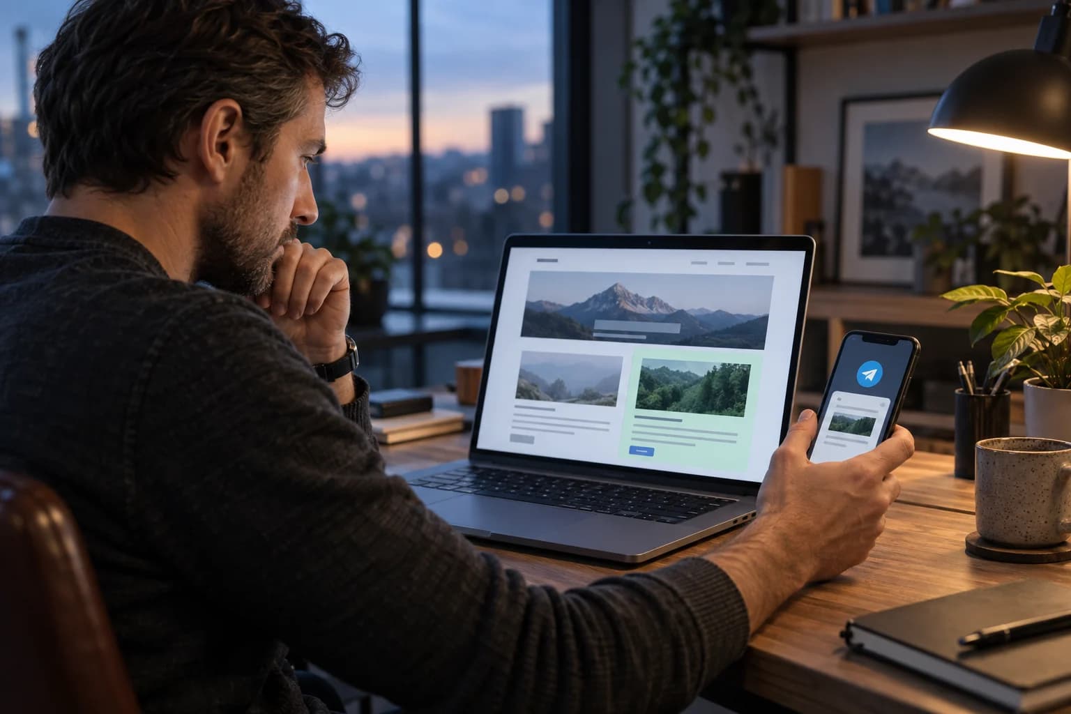 A business owner comparing a changed webpage on a laptop with a Telegram alert on his phone