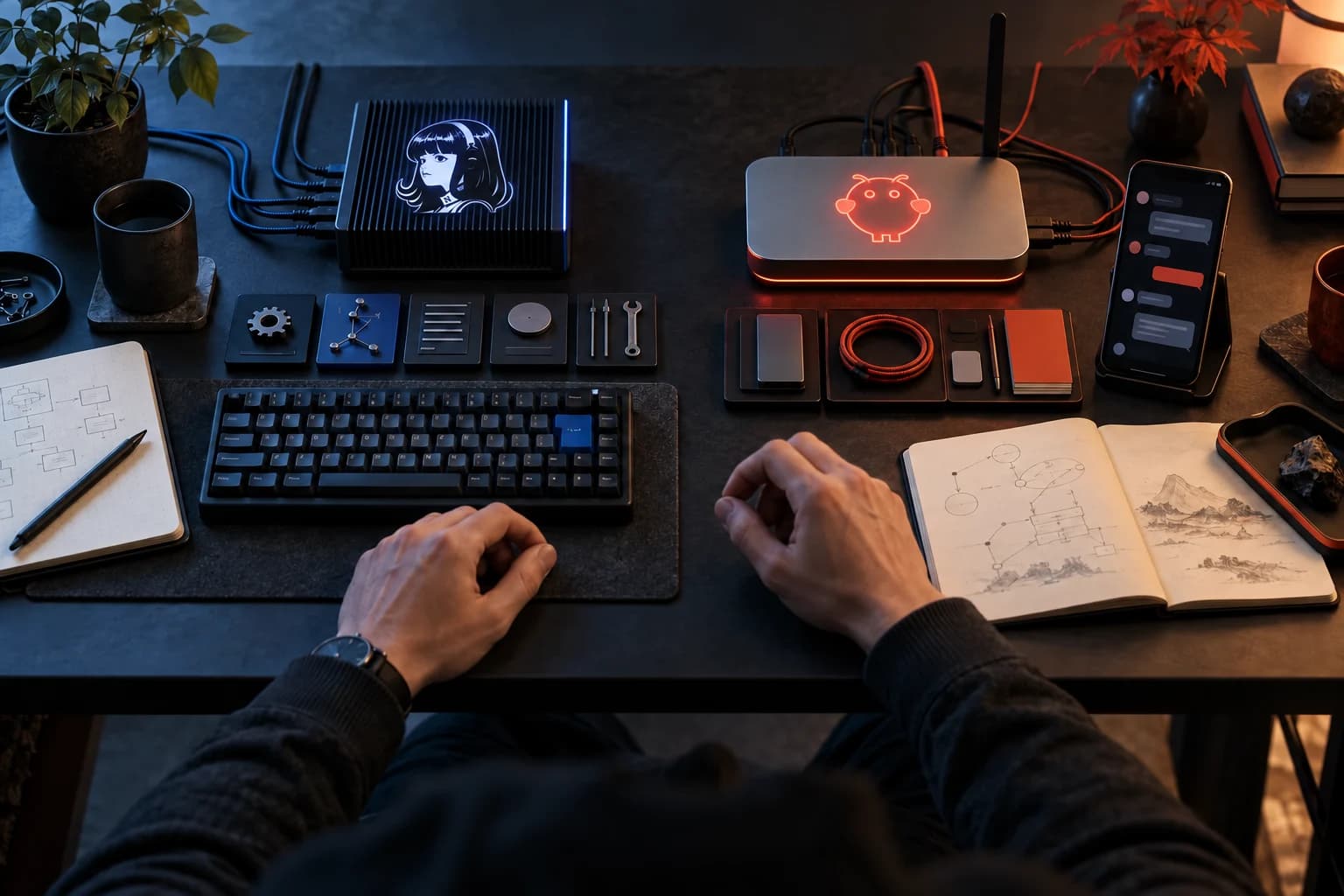 Two compact self-hosted agent workstations marked with the Hermes Agent and OpenClaw logos