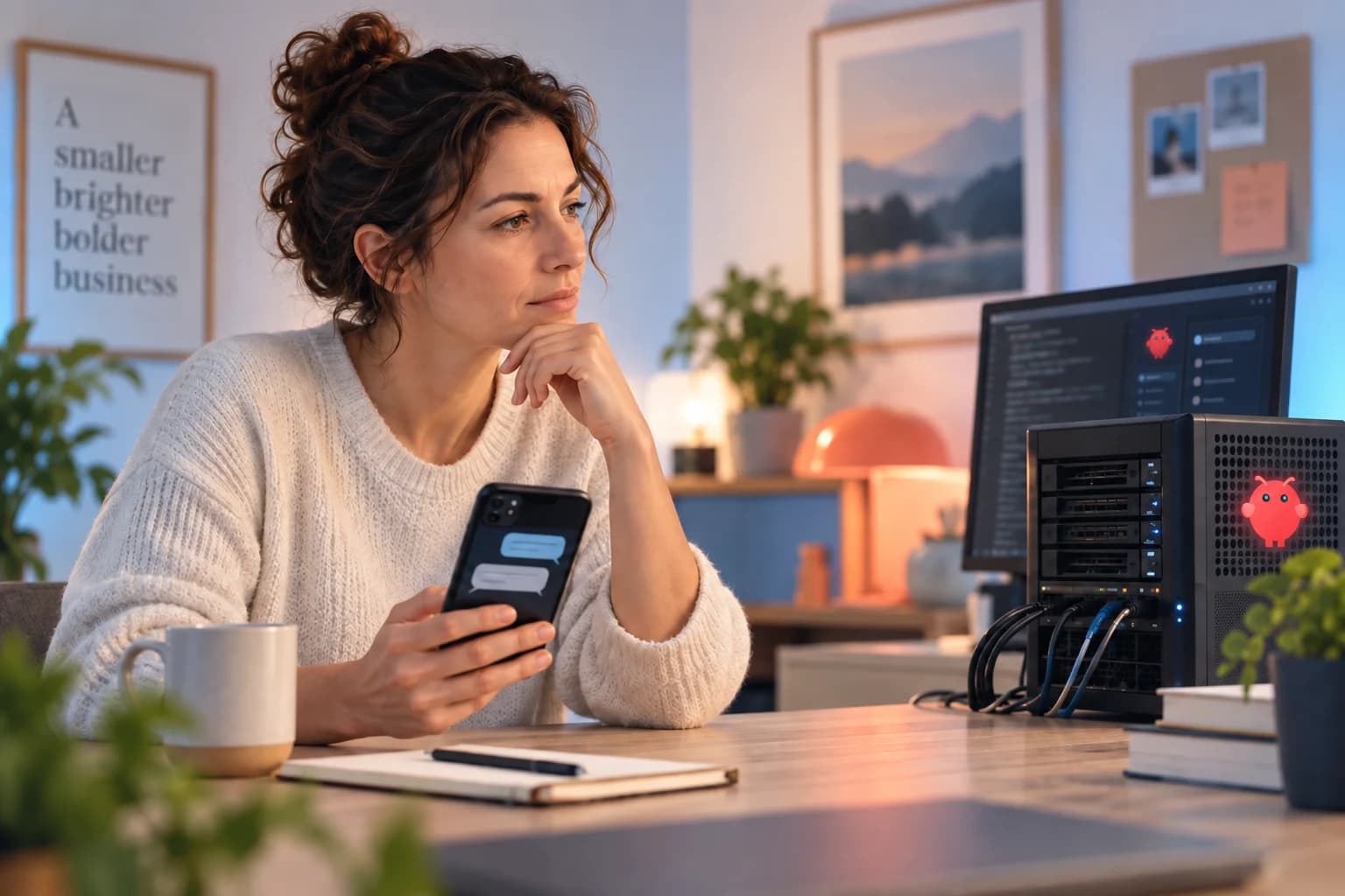 A small-business owner comparing an OpenClaw-marked local server and terminal with a messaging workflow