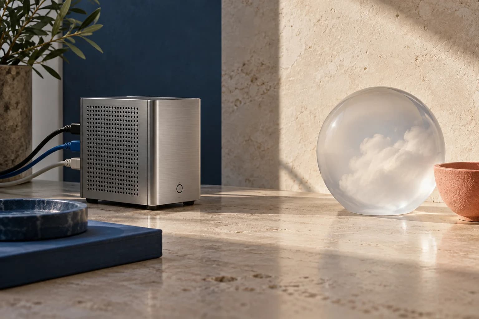 A compact local server beside a translucent glass sphere containing a cloud